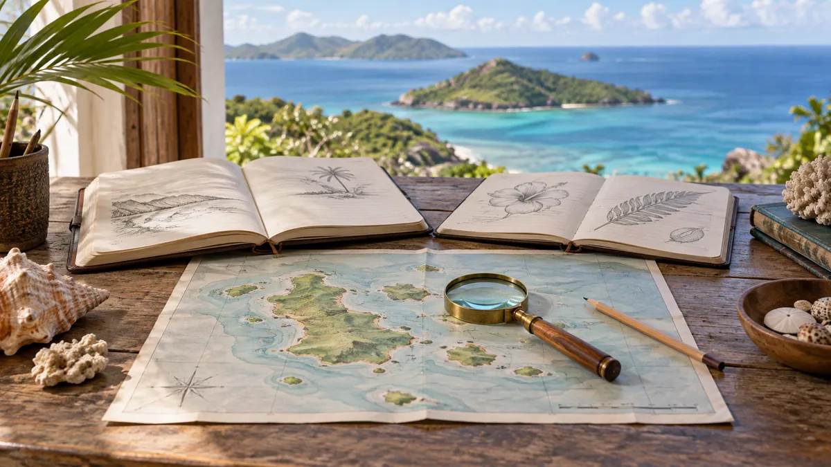 Reference notebooks and island map for travel research