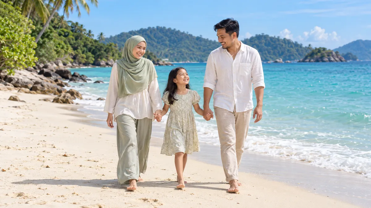 Keluarga menikmati percutian di pantai pulau tropika