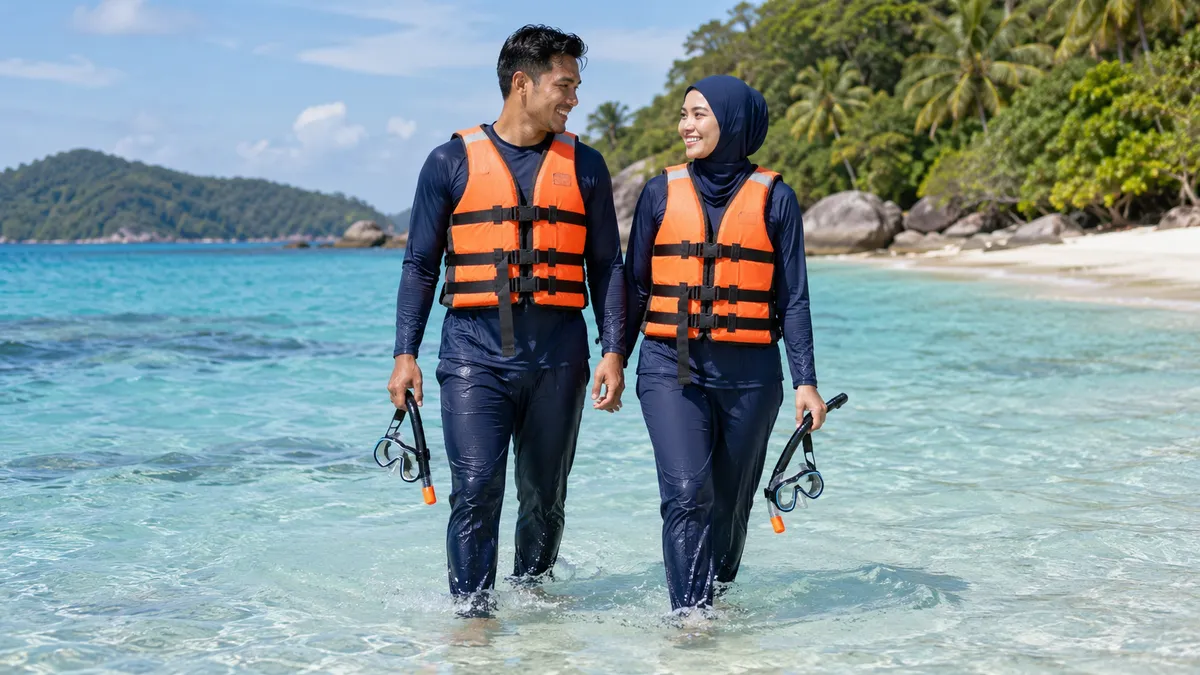Pelancong memakai jaket keselamatan dan membawa topeng snorkel