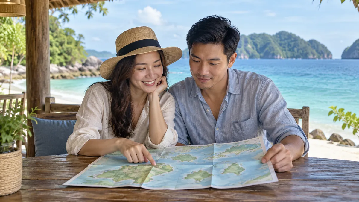 伴侣使用纸质地图规划海岛假期