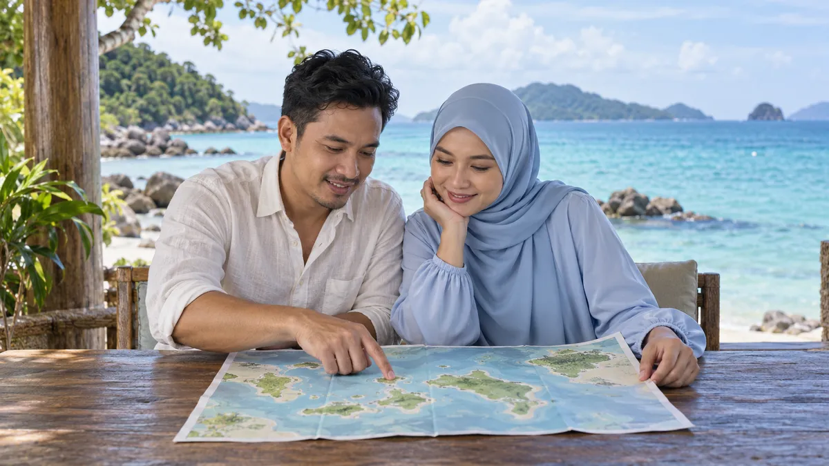 Pasangan merancang percutian pulau menggunakan peta kertas