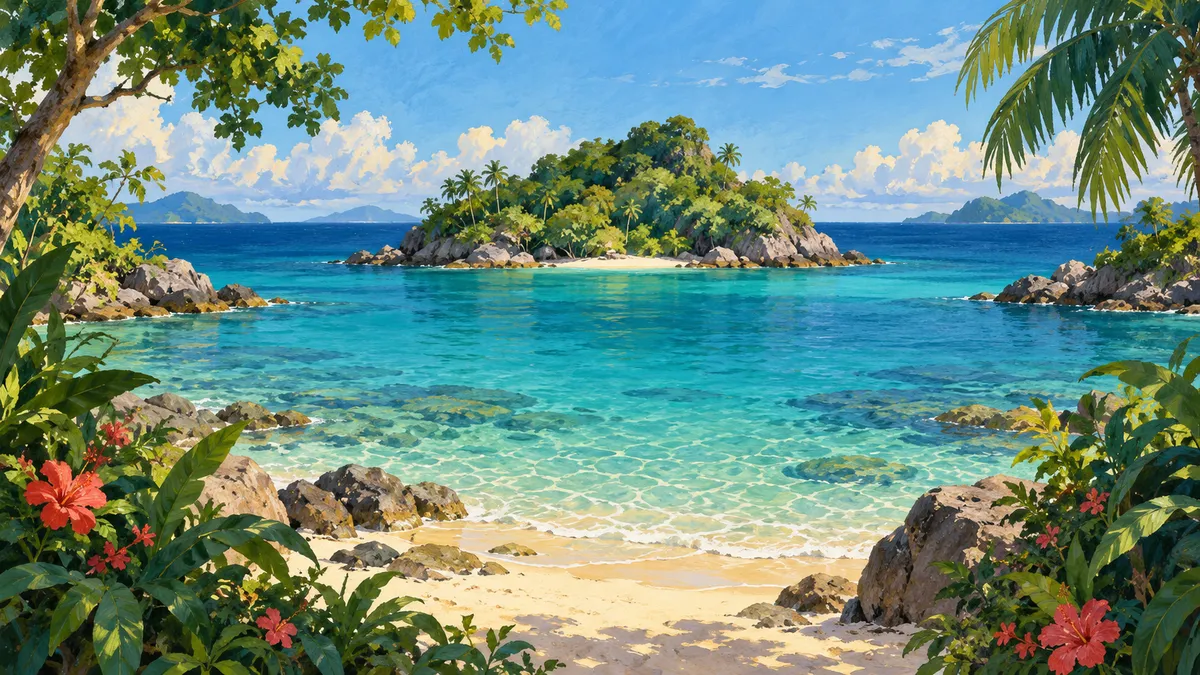 Ilustrasi pulau kecil berhutan di seberang teluk biru kehijauan
