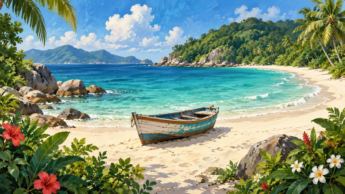 热带海岛沙滩上的木船插画