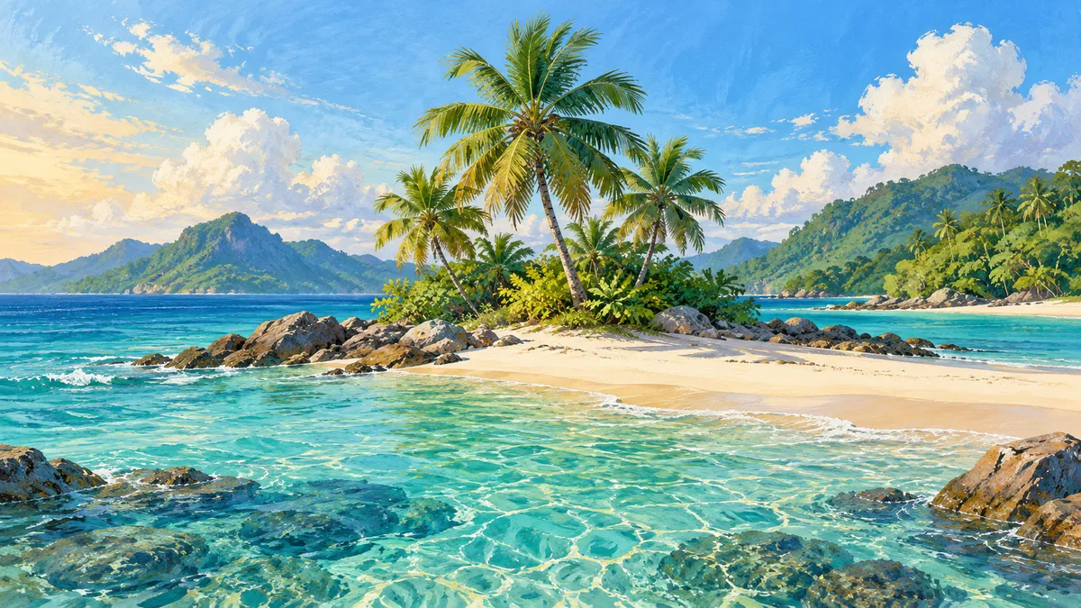 Illustration of coconut palms on a sunlit sandy headland
