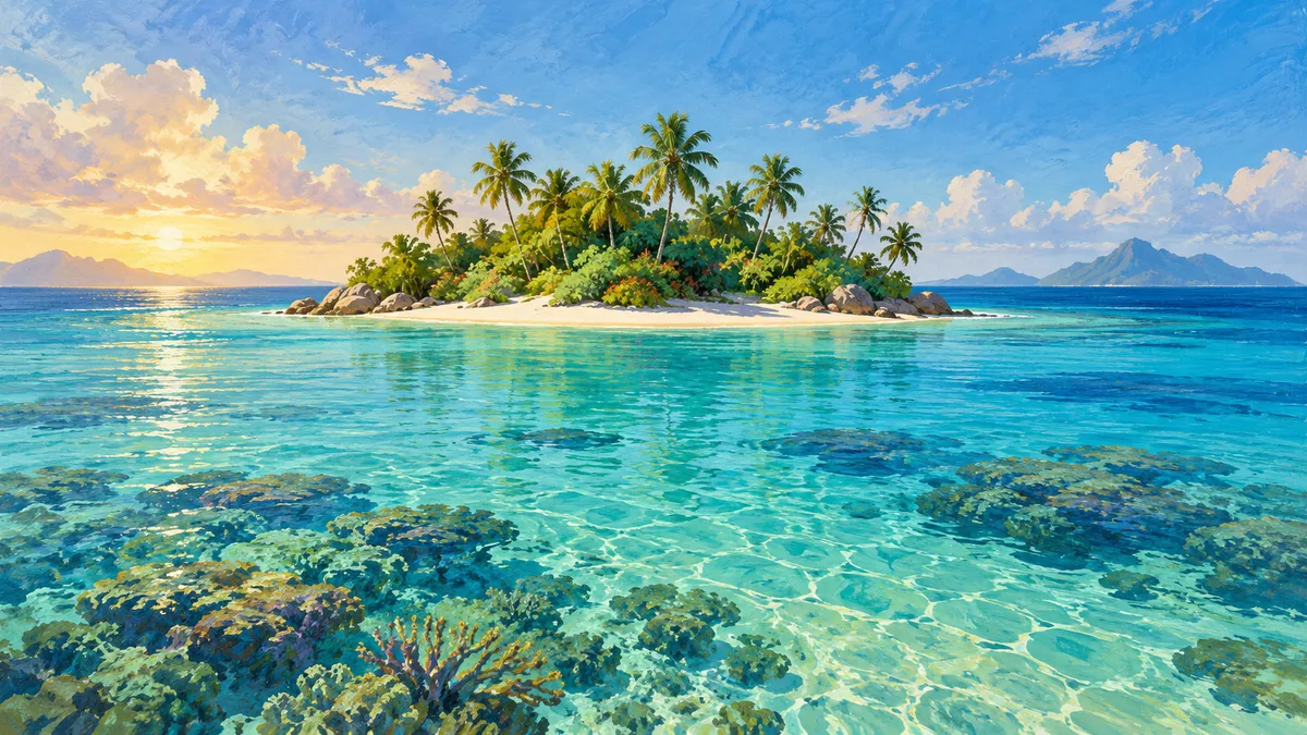 Ilustrasi pulau berpokok kelapa di seberang lagun cetek