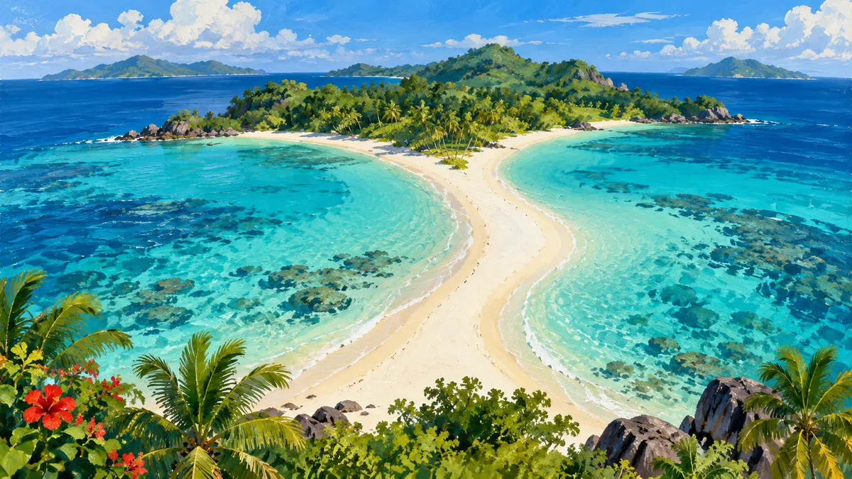 热带泻湖之间弯曲沙洲的插画
