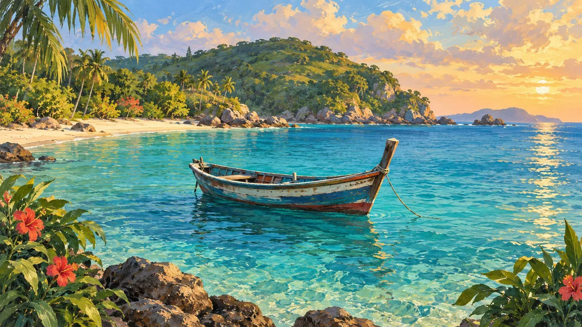 宁静热带海湾中的木制渔船插画