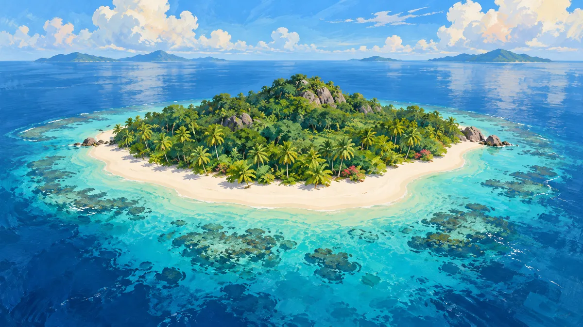 Illustration of a low tropical island with a sandy fringe