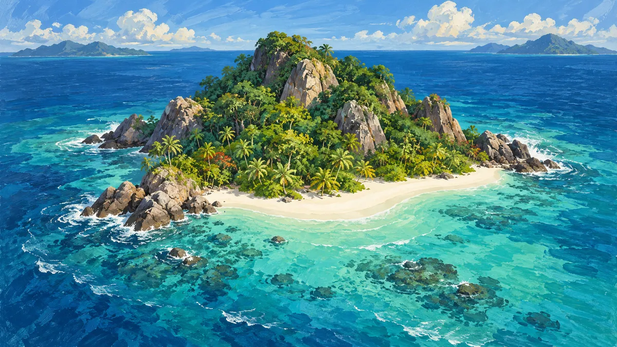 白沙海岸环绕的岩石绿岛插画