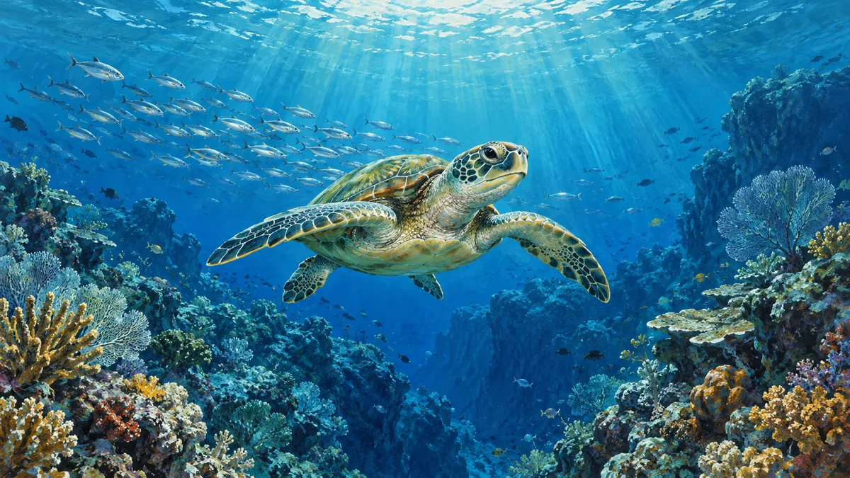 Illustration of a sea turtle beside a deep coral reef