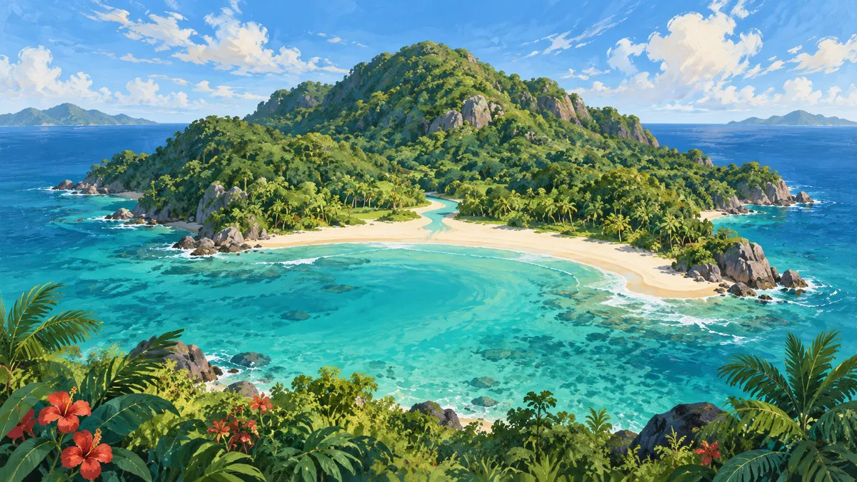 Ilustrasi bukit pulau berhutan di atas teluk yang jernih