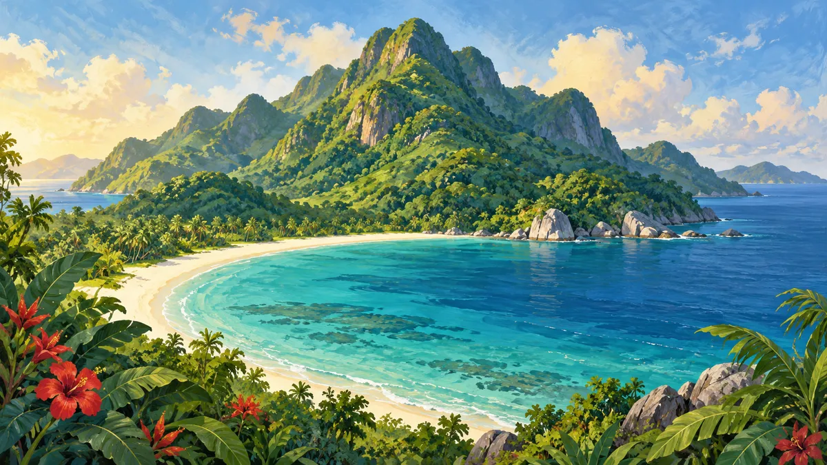 雨林山峰与热带沙滩海湾插画