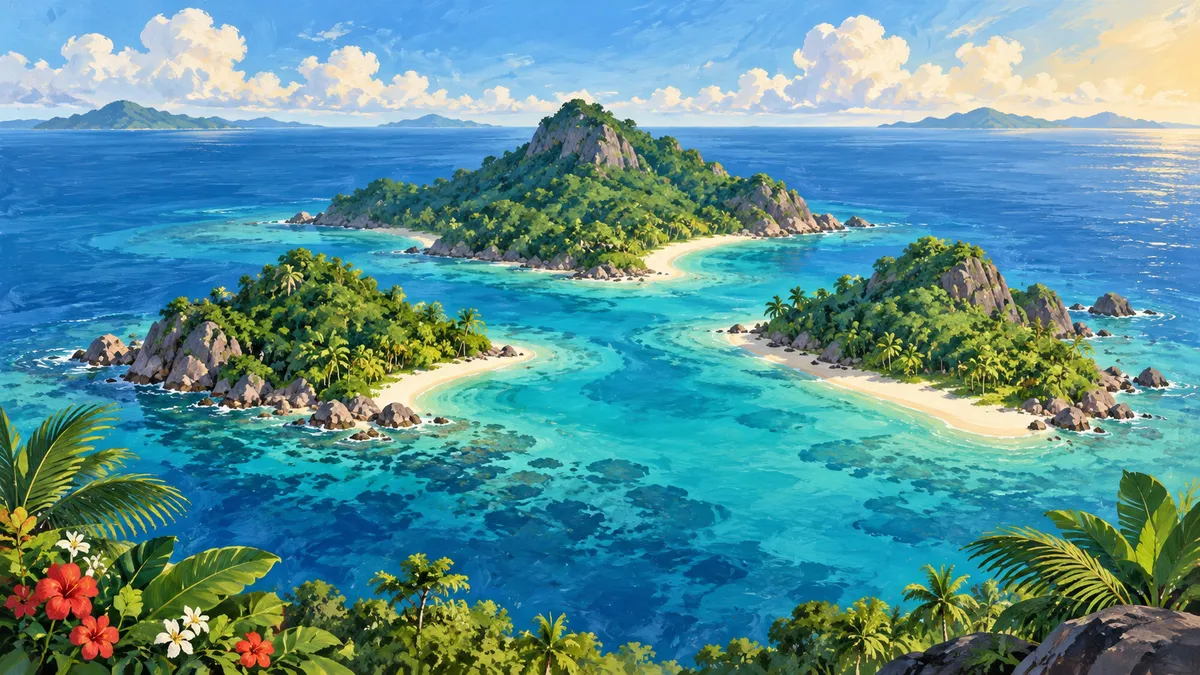 碧蓝水道分隔的绿色岛屿插画